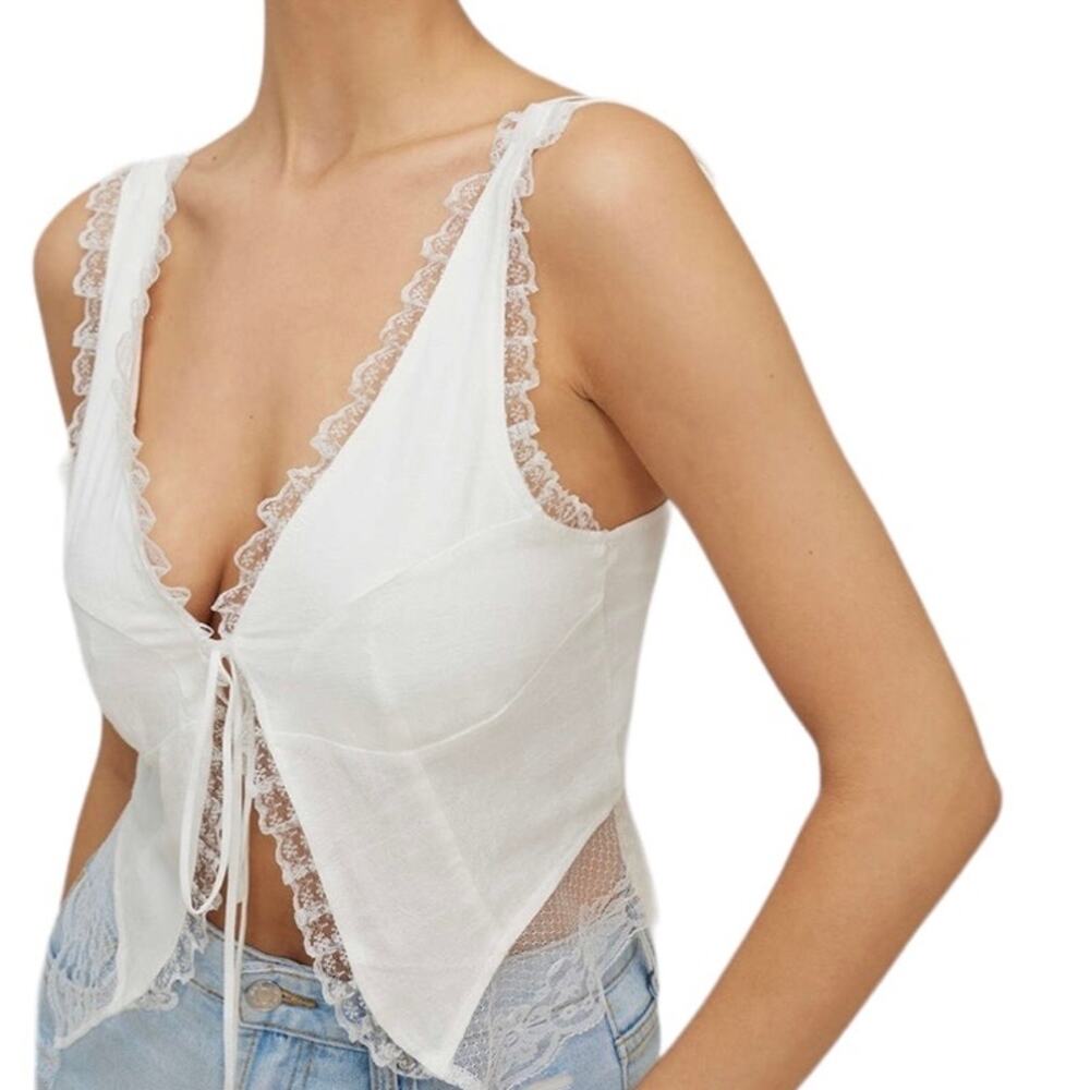 Micas Women's Small White Lace Floral Trim Tie Front Summer Lightweight Tank Top - Picture 3 of 11
